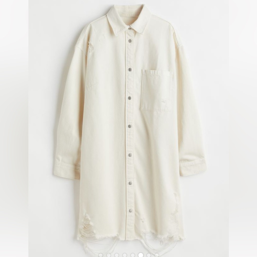 White Distressed Cotton Denim Shirt Dress